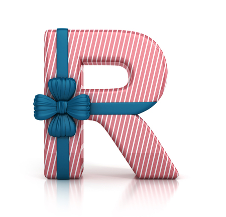 Colorful Letter R decorated with Ribbon isolated on white background. giftbox font. 3d render illustrationの写真素材