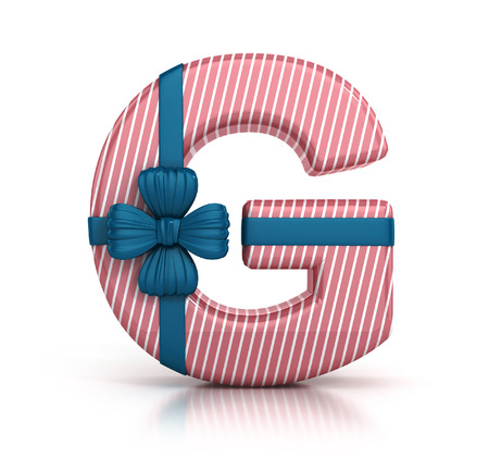 Colorful Letter G decorated with Ribbon isolated on white background. giftbox font. 3d render illustrationの写真素材