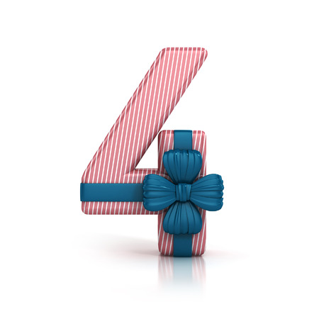 Number 4, decorated with Ribbon isolated on white background. Giftbox Font. 3d render illustration isolatedの写真素材