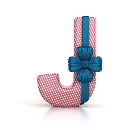 Colorful Letter J decorated with Ribbon isolated on white background. giftbox font. 3d render illustrationの写真素材