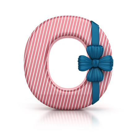 Colorful Letter O decorated with Ribbon isolated on white background. giftbox font. 3d render illustrationの写真素材