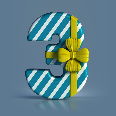 Number 3, decorated with Ribbon isolated on white background. Birthday Concept. 3d render illustration isolatedの写真素材