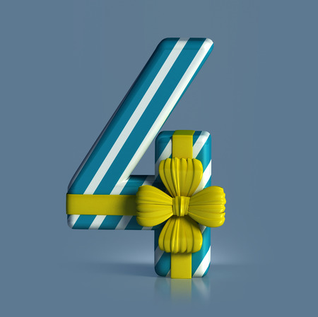 Number 4, decorated with Ribbon isolated on white background. Birthday Concept. 3d render illustration isolatedの写真素材