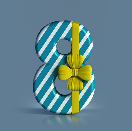 Number 8, decorated with Ribbon isolated on white background. Birthday Concept. 3d render illustration isolatedの写真素材