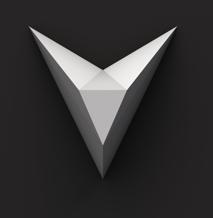 Monochrome Paper Polygonal Font on Dark Grey Background. Logo Concept. Letter V. 3d renderingの写真素材