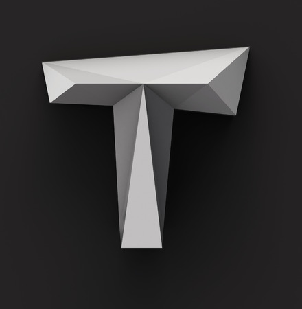 Monochrome Paper Polygonal Font on Dark Grey Background. Logo Concept. Letter T. 3d renderingの写真素材