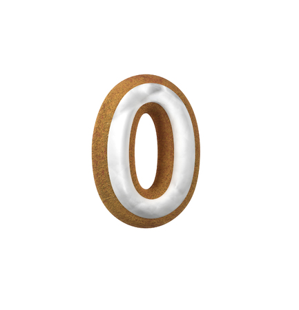 Number Zero, 0. Gingerbread font. Christmas cookie alphabet concept. 3d rendering isolated on White Backgroundの写真素材