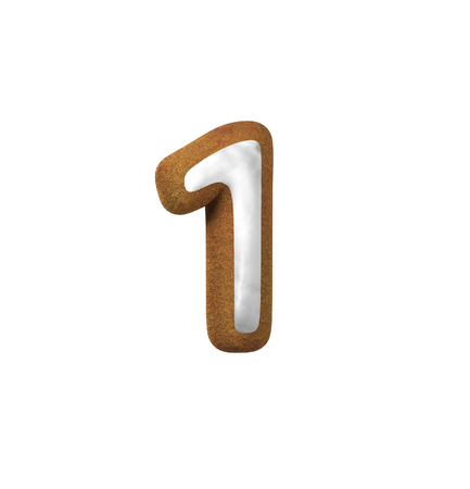 Number 1, One. Gingerbread font. Christmas cookie alphabet concept. 3d rendering isolated on White Backgroundの写真素材