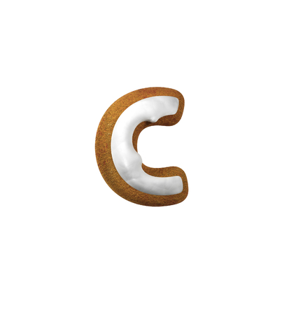 Small Letter C. Gingerbread font. Christmas cookie alphabet concept. 3d rendering isolated on White Backgroundの写真素材