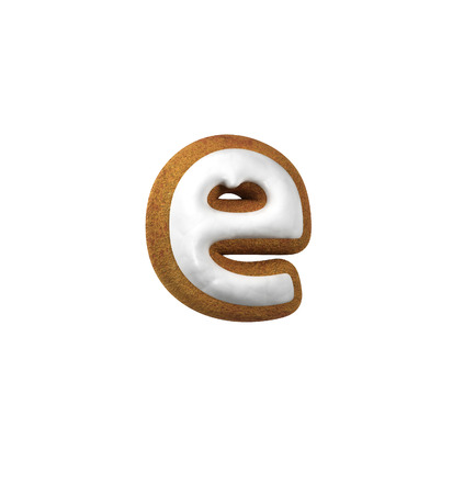 Small Letter E. Gingerbread font. Christmas cookie alphabet concept. 3d rendering isolated on White Backgroundの写真素材