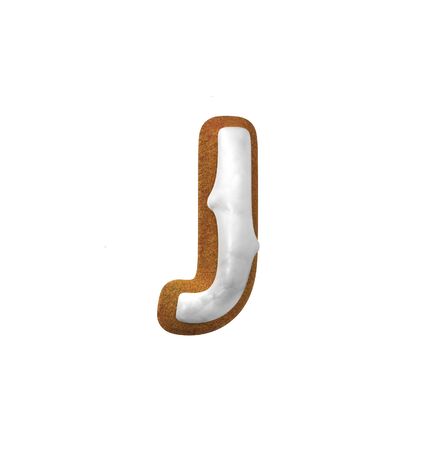Small Letter J. Gingerbread font. Christmas cookie alphabet concept. 3d rendering isolated on White Backgroundの写真素材