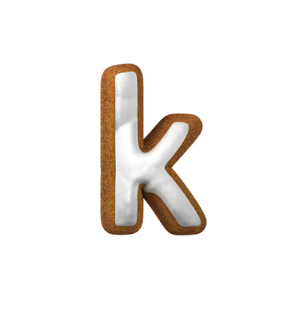 Small Letter K. Gingerbread font. Christmas cookie alphabet concept. 3d rendering isolated on White Backgroundの写真素材