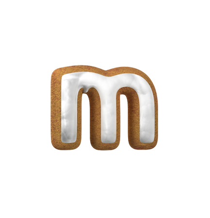 Small Letter M. Gingerbread font. Christmas cookie alphabet concept. 3d rendering isolated on White Backgroundの写真素材