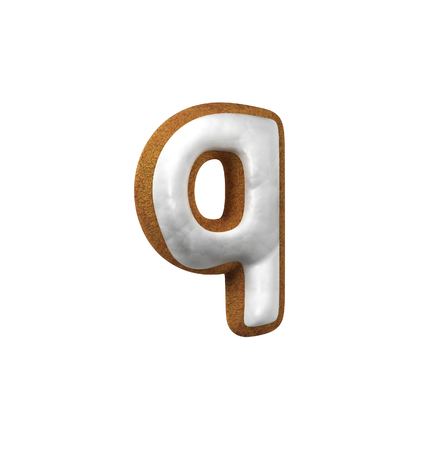 Small Letter Q. Gingerbread font. Christmas cookie alphabet concept. 3d rendering isolated on White Backgroundの写真素材