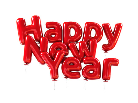 Happy New Year Symbol made of Red Helium Balloons. 3d rendering isolated on white background.の写真素材