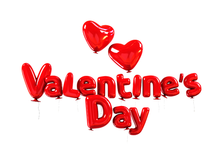 Valentine's day poster, made of red helium balloons with glossy reflections. 3d rendering isolated on white backgroundの写真素材