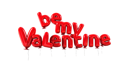 Be my Valentine poster, made of red helium balloons with glossy reflections. 3d rendering isolated on white backgroundの写真素材