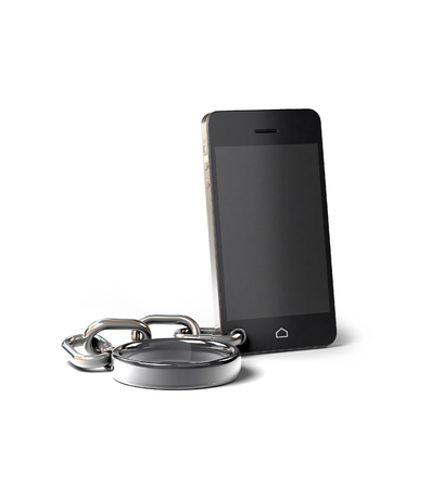 Cell Phone with Chains. Mobile phone overuse Concept. 3d rendering isolated on white background.の写真素材