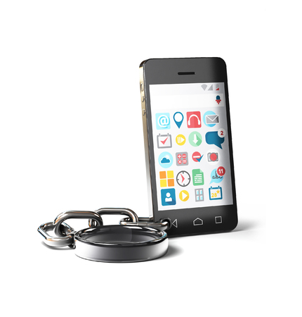 Cell Phone with Chains. Mobile phone overuse Concept. 3d rendering isolated on white background.の写真素材