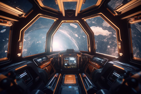 Spaceship interior with view on space and stars. mixed mediaの素材