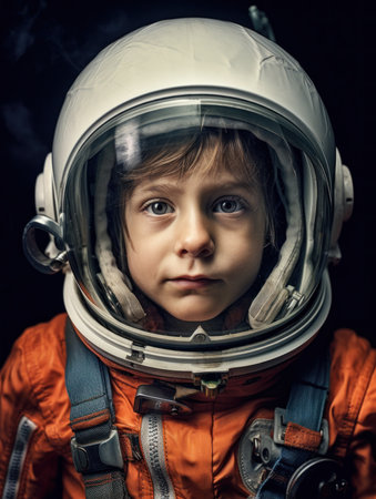 Portrait of a little boy dressed as an astronaut against dark background.の素材