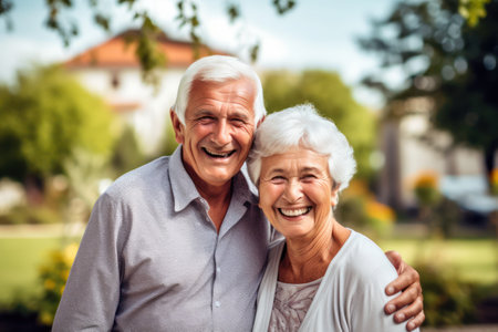 Portrait of a happy senior couple looking at camera in the gardenの素材