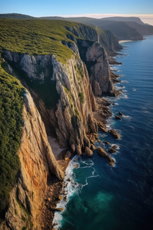 Aerial view of cliffs and sea in the morning, Portugal.の素材