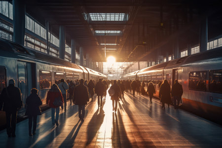Train at the station in the evening light. People on the platformの素材