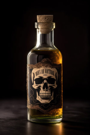 Bottle of rum with skull and cork on a black backgroundの素材