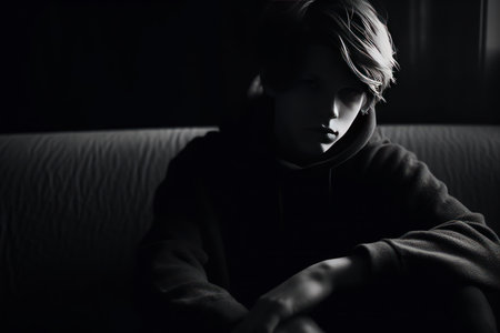 Portrait of a teenage boy in a dark room. Black and white photos.の素材