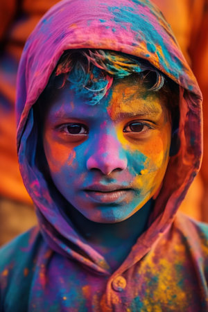 Portrait of a poor boy covered in colored powderの素材