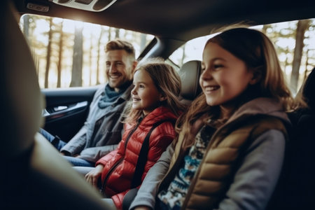 Happy family in car. Father, mother and daughter are traveling by car.の素材