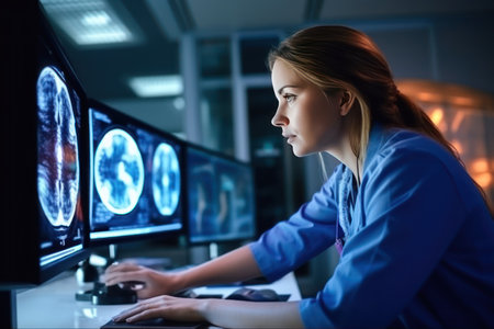 Portrait of young female doctor looking at x-ray results while sitting at desk in hospitalの素材