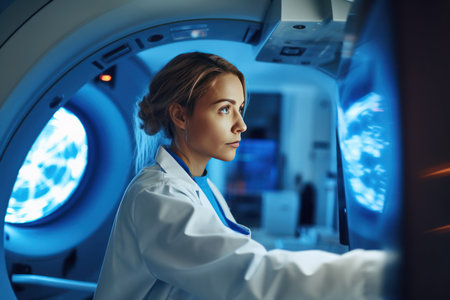 Attentive female doctor looking at x-ray machine in medical officeの素材