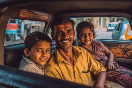 Unidentified indian family in a car.の素材