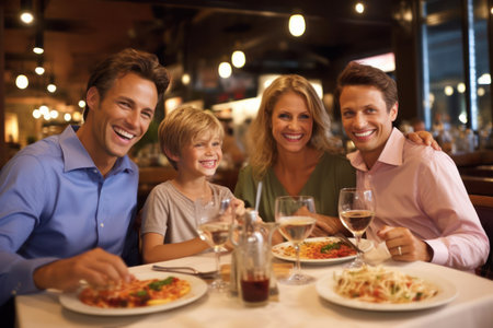 Portrait of happy family having dinner together at restaurant in the eveningの素材