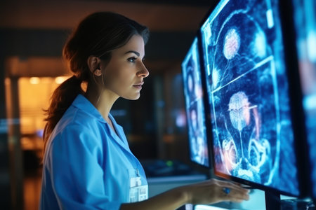 Female doctor looking at x-ray image in hospital. Medicine and healthcare conceptの素材