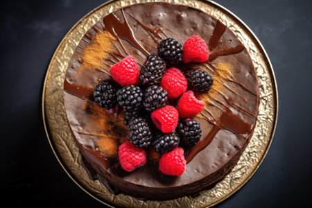 Chocolate cake with raspberries and blackberries on dark backgroundの素材