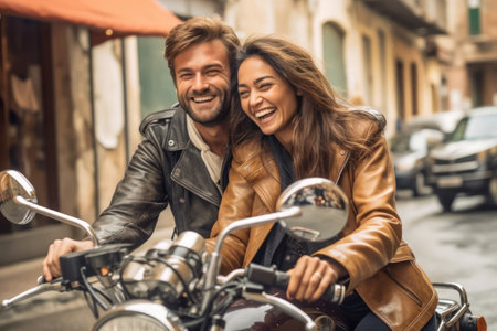 Beautiful couple in love is sitting on a motorcycle and smiling.の素材