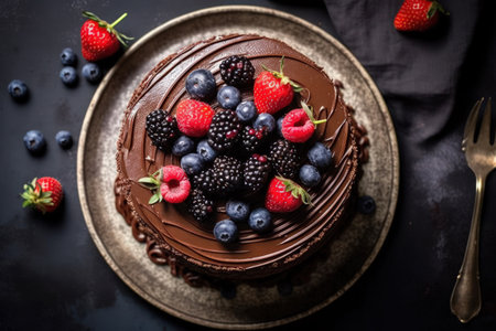 Chocolate cake with fresh berries on dark background. Select focus.の素材
