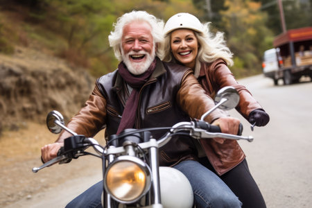Happy senior couple riding a motorbike on a road in the countrysideの素材