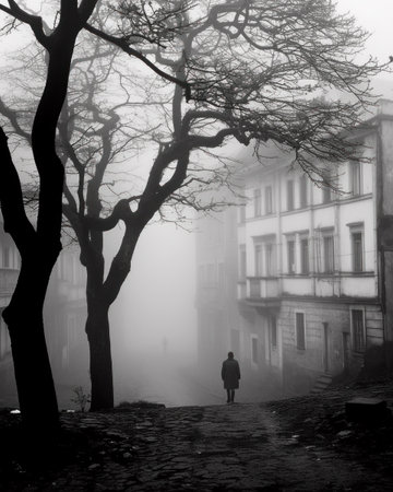 Black and white image of a man walking in a foggy streetの素材