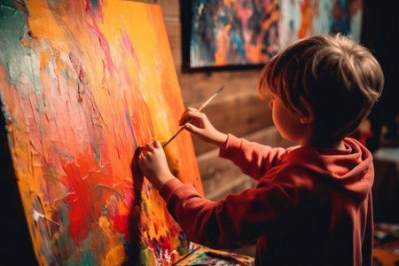 Little boy is painting a picture with oil paints on canvas at homeの素材