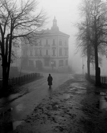 A woman is standing in front of an old building in the fogの素材