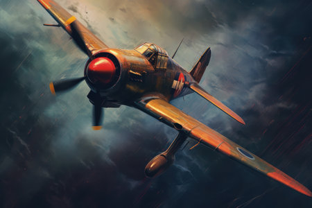 Old airplane in the sky with smoke. 3d illustration. Retro style.の素材