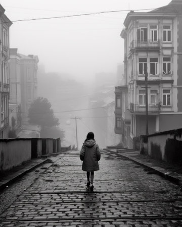 A girl in a coat walks along the street in a foggy morningの素材