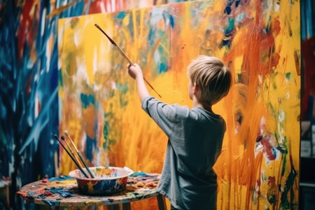 Little boy painting on colorful wall. Kid painting on canvas with brush and palette.の素材