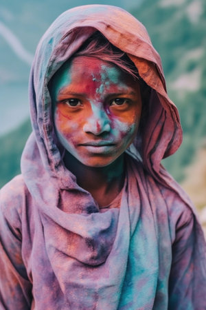 Unidentified Nepali girl with painted faceの素材