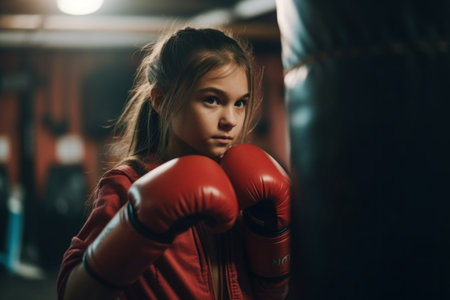 Portrait of a little girl wearing boxing gloves in a gym.の素材