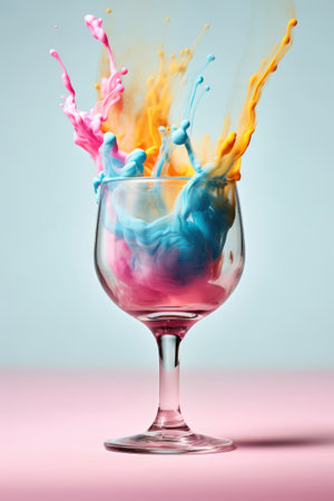 Colorful paint splashing out of wine glass on pink and blue backgroundの素材